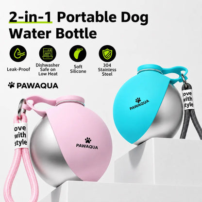 Pink PawAqua portable stainless steel dog water bottle with foldable bowl and carry rope