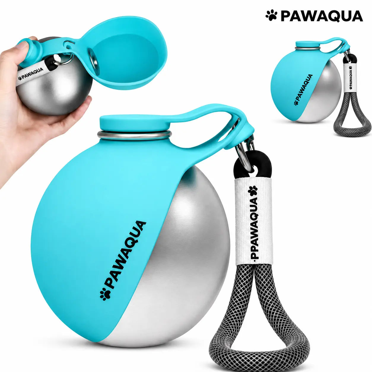 Blue Pawaqua portable dog water bottle with stainless steel canteen, foldable silicone bowl and carrying strap