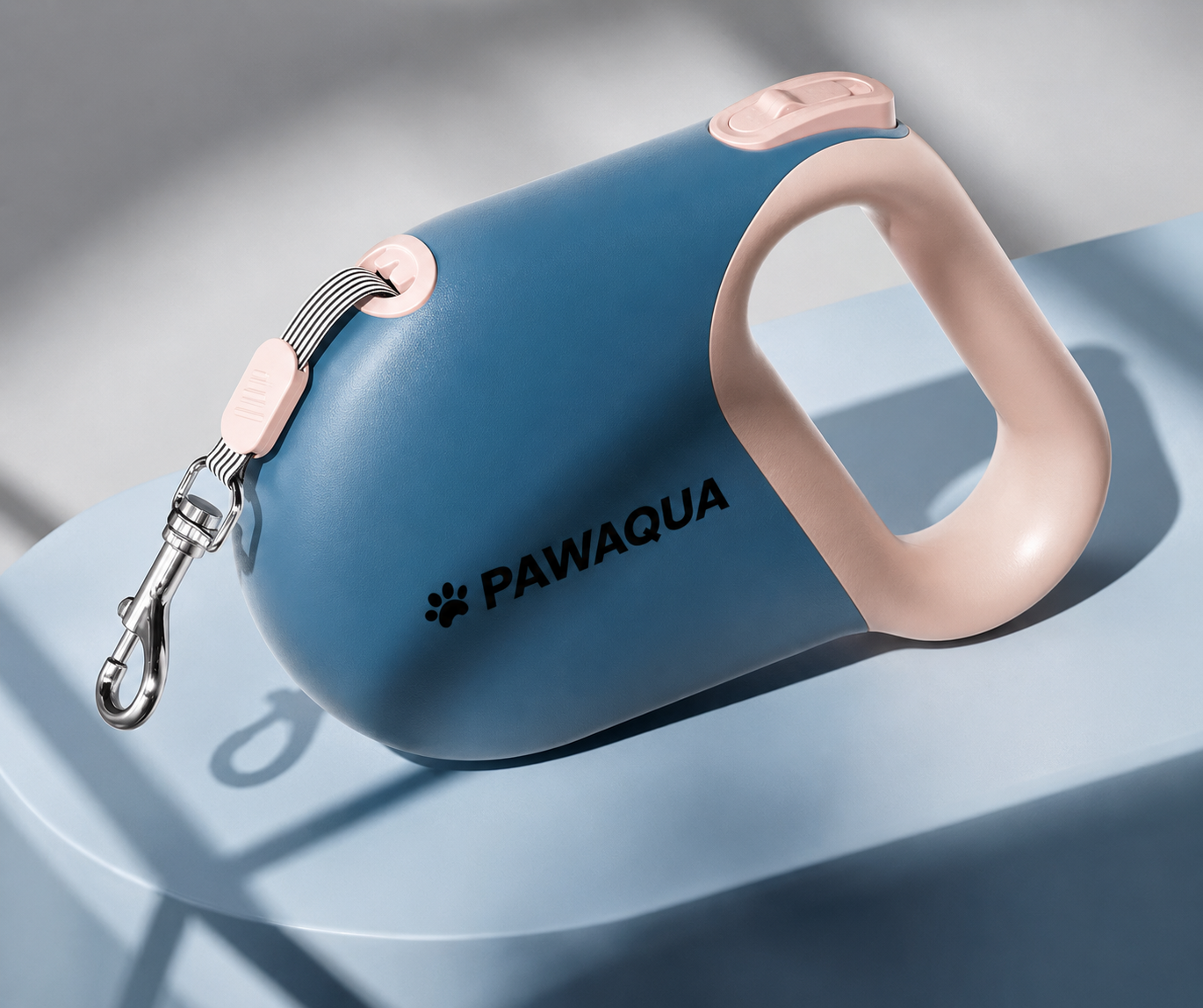 Blue Pawaqua retractable dog leash with ergonomic handle and metal clip