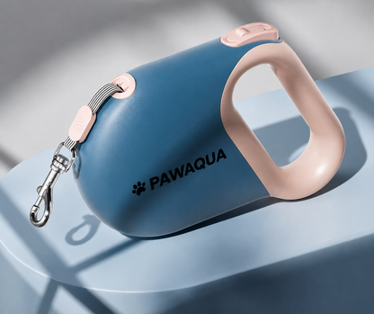 Blue Pawaqua retractable dog leash with ergonomic handle and metal clip