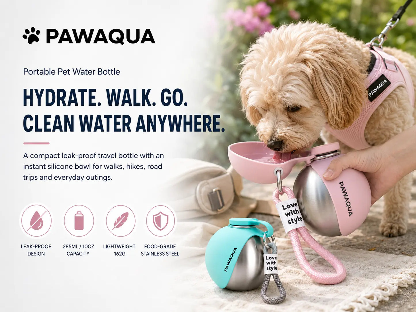 Dog drinking from a pink PawAqua portable water bottle with built-in silicone bowl