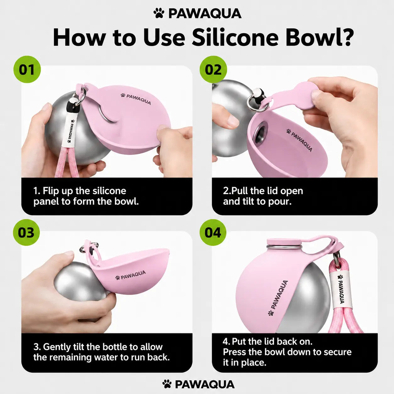 How to use the PawAqua portable dog water bottle silicone bowl in four simple steps