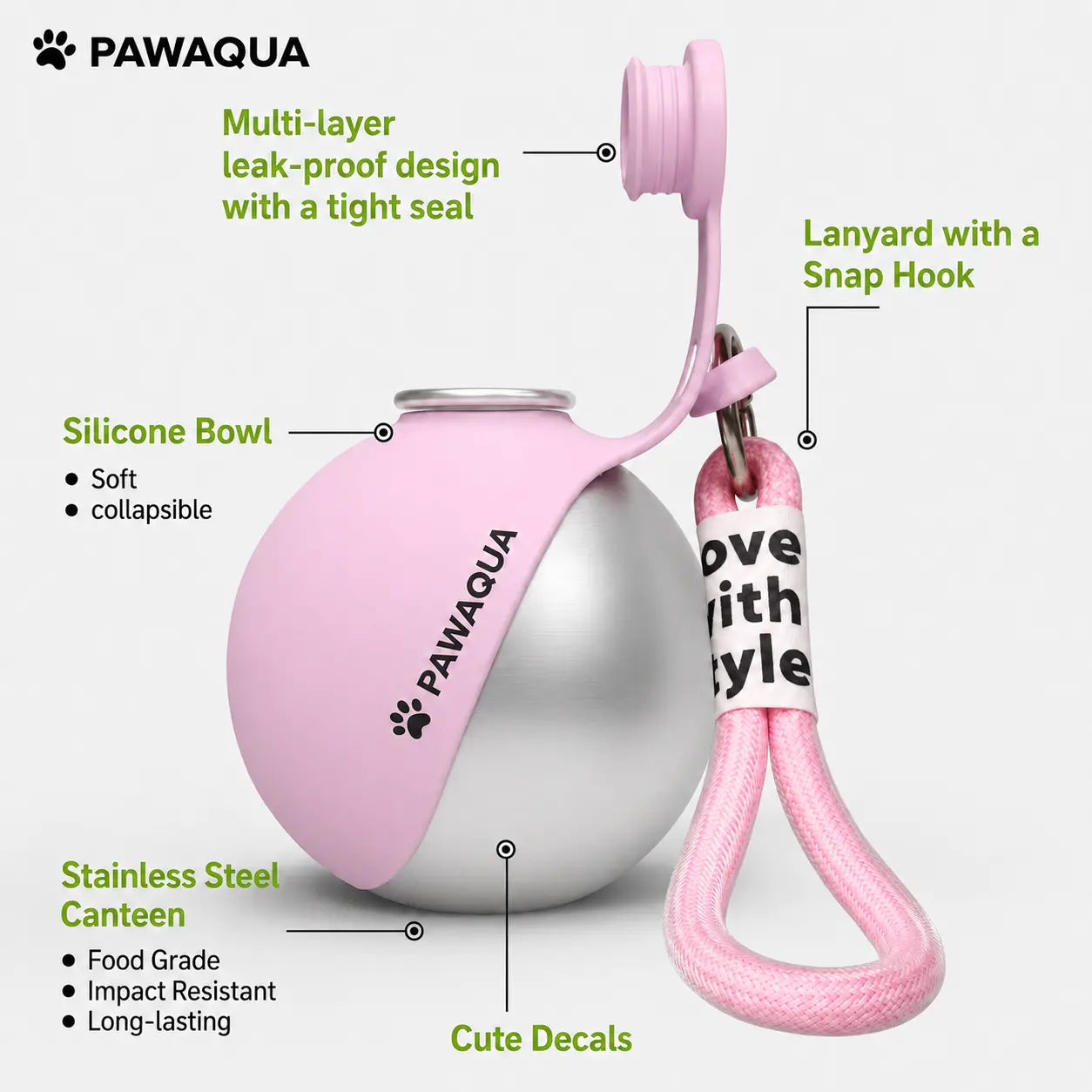 Pink PawAqua portable dog water bottle with leak-proof seal, silicone bowl and carry lanyard