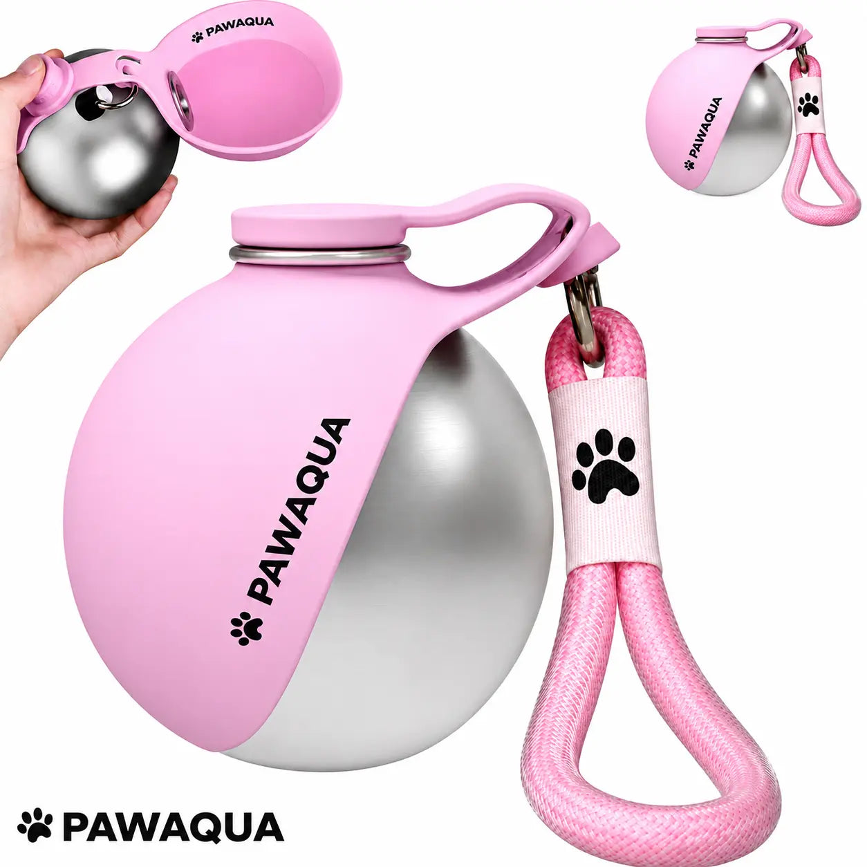 Pink Pawaqua portable dog water bottle with stainless steel body, foldable silicone bowl and pink carrying strap