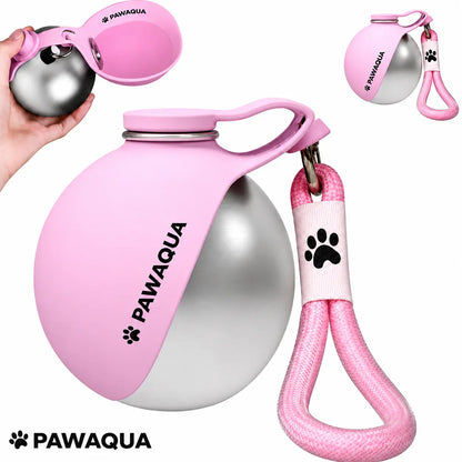 Pink Pawaqua portable dog water bottle with stainless steel body, foldable silicone bowl and pink carrying strap