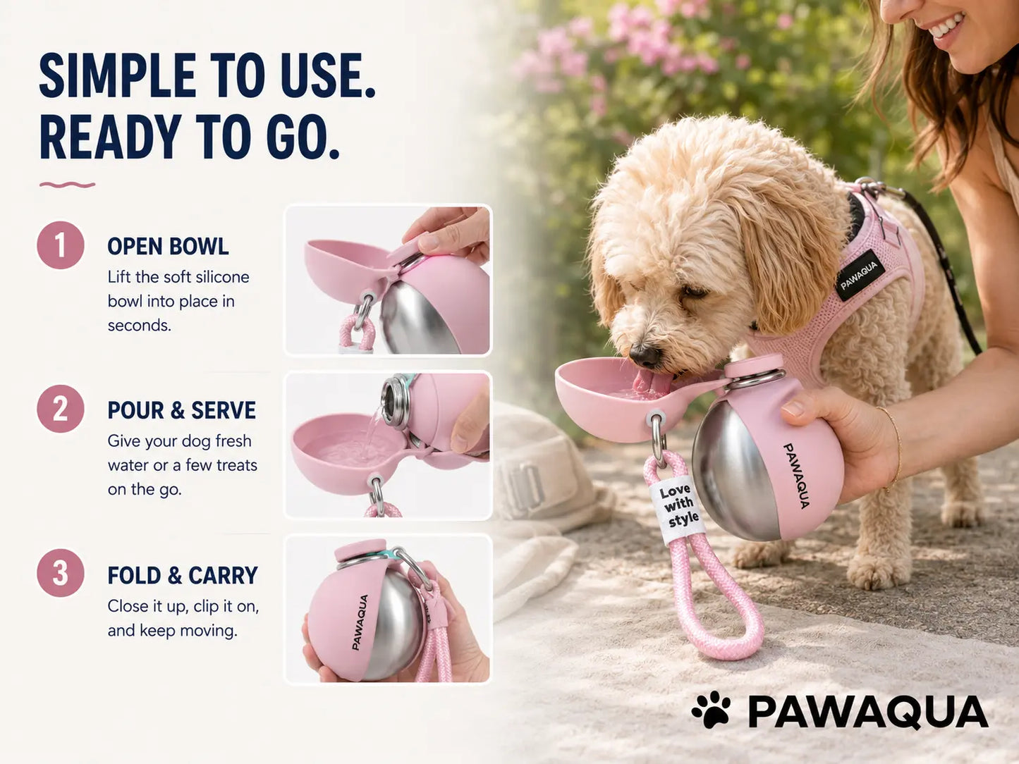 How to use PawAqua portable dog water bottle with foldable silicone bowl