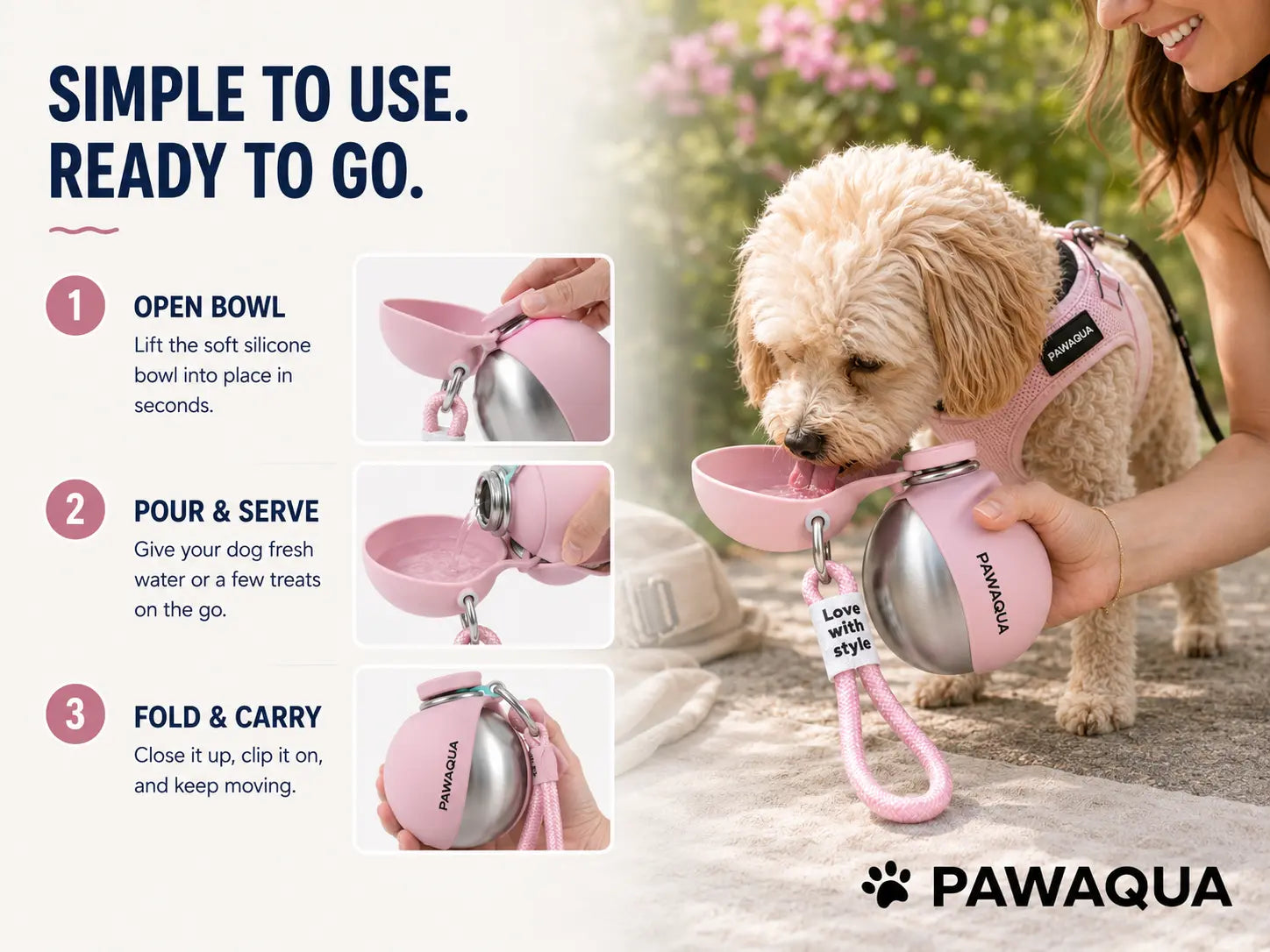 How to use PawAqua portable dog water bottle with foldable silicone bowl