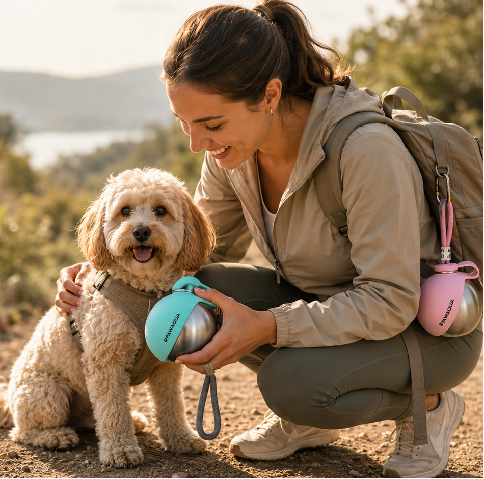 Woman hiking with her dog carrying blue and pink PawAqua portable dog water bottles