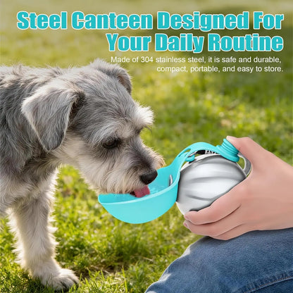 Portable stainless steel dog water bottle with built-in bowl for walking and travel
