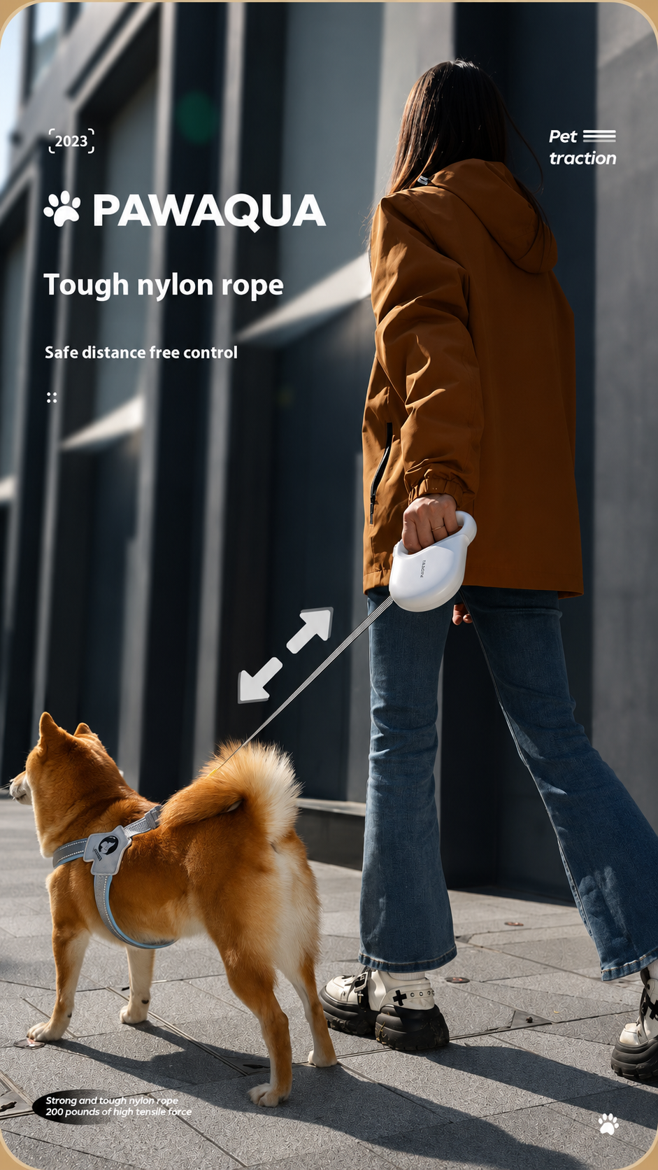 Woman walking a Shiba Inu with PawAqua retractable dog leash and tough nylon tape