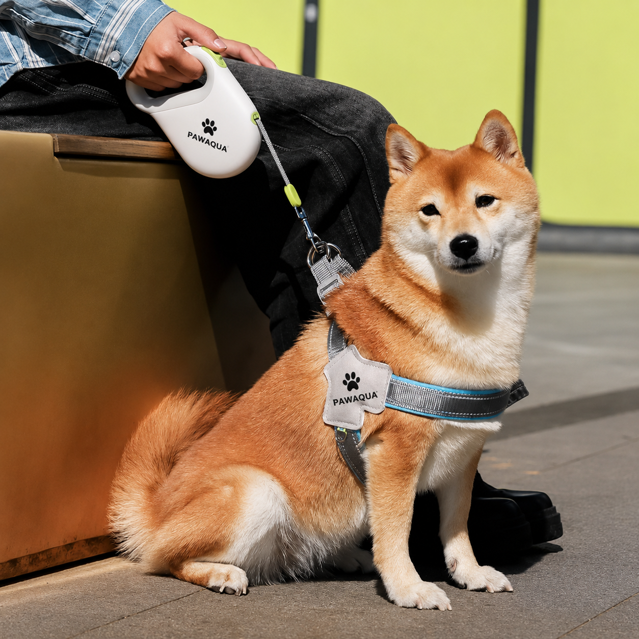 Shiba Inu dog wearing a harness with a white PawAqua retractable dog leash