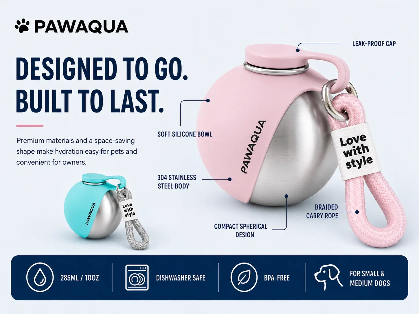 PawAqua portable dog water bottle with 304 stainless steel body and soft silicone bowl