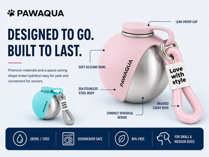 PawAqua portable dog water bottle with 304 stainless steel body and soft silicone bowl