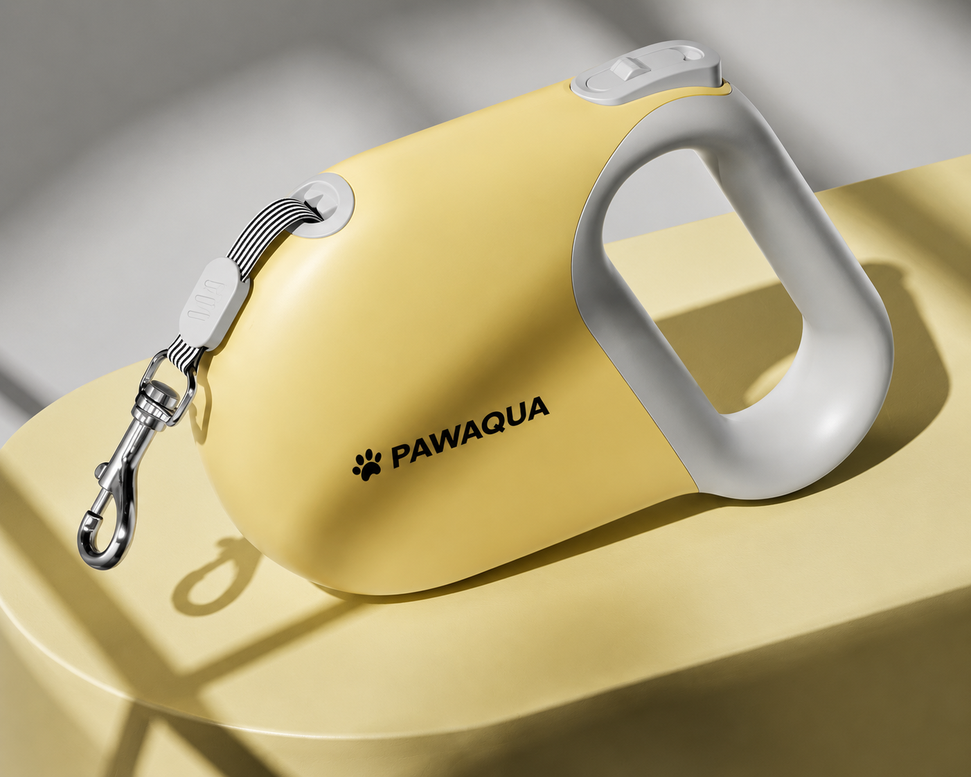 Yellow Pawaqua retractable dog leash with comfortable handle and metal clip